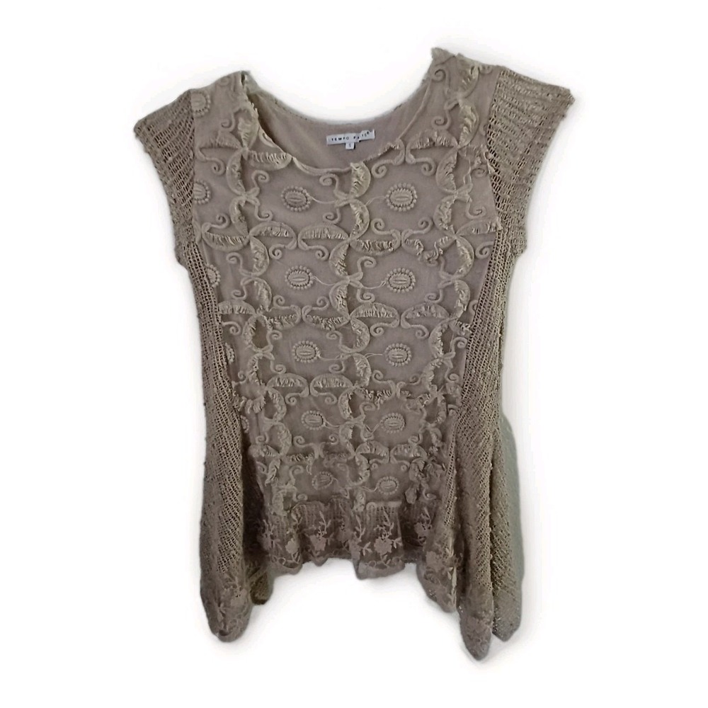 Tempo‎ Paris Beige Lace Crochet Overlay Tunic Top Women's Size S Sleeveless
